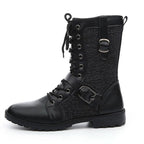 Men's black combat boots with lace-up front and buckle straps