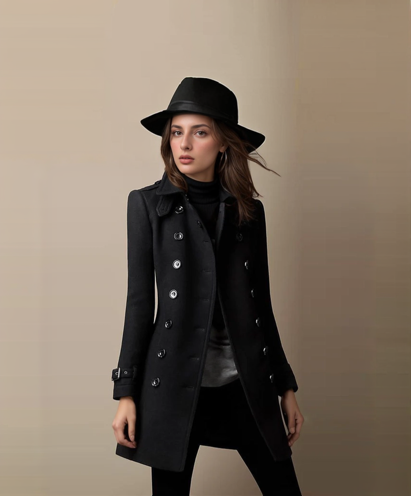 Women's mid-length double-breasted trench coat with buckle cuffs