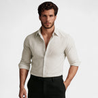 Men's striped button-up shirt with point collar and rolled sleeves