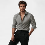 Men's striped button-up shirt with point collar and rolled sleeves