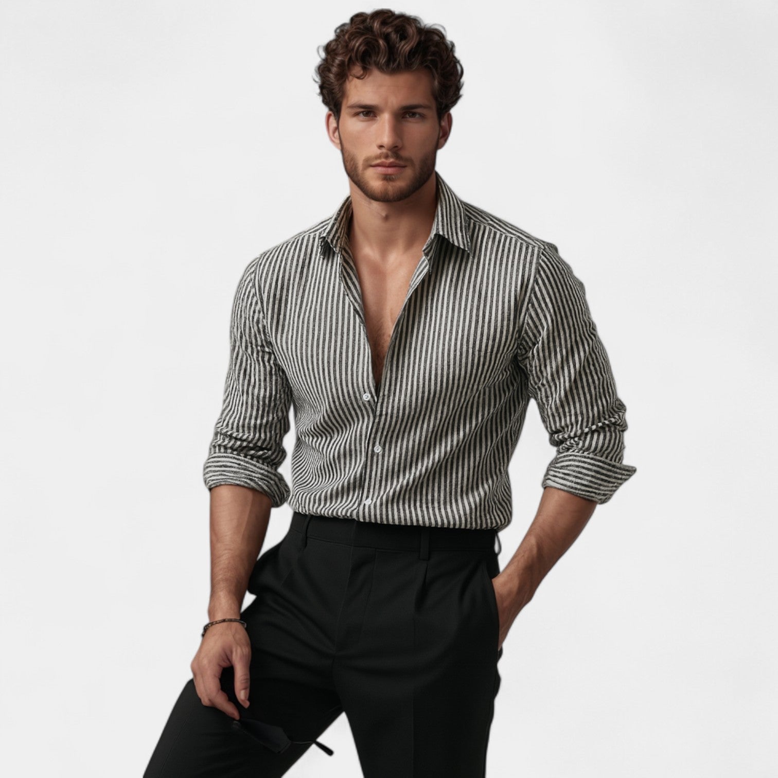 Men's striped button-up shirt with point collar and rolled sleeves