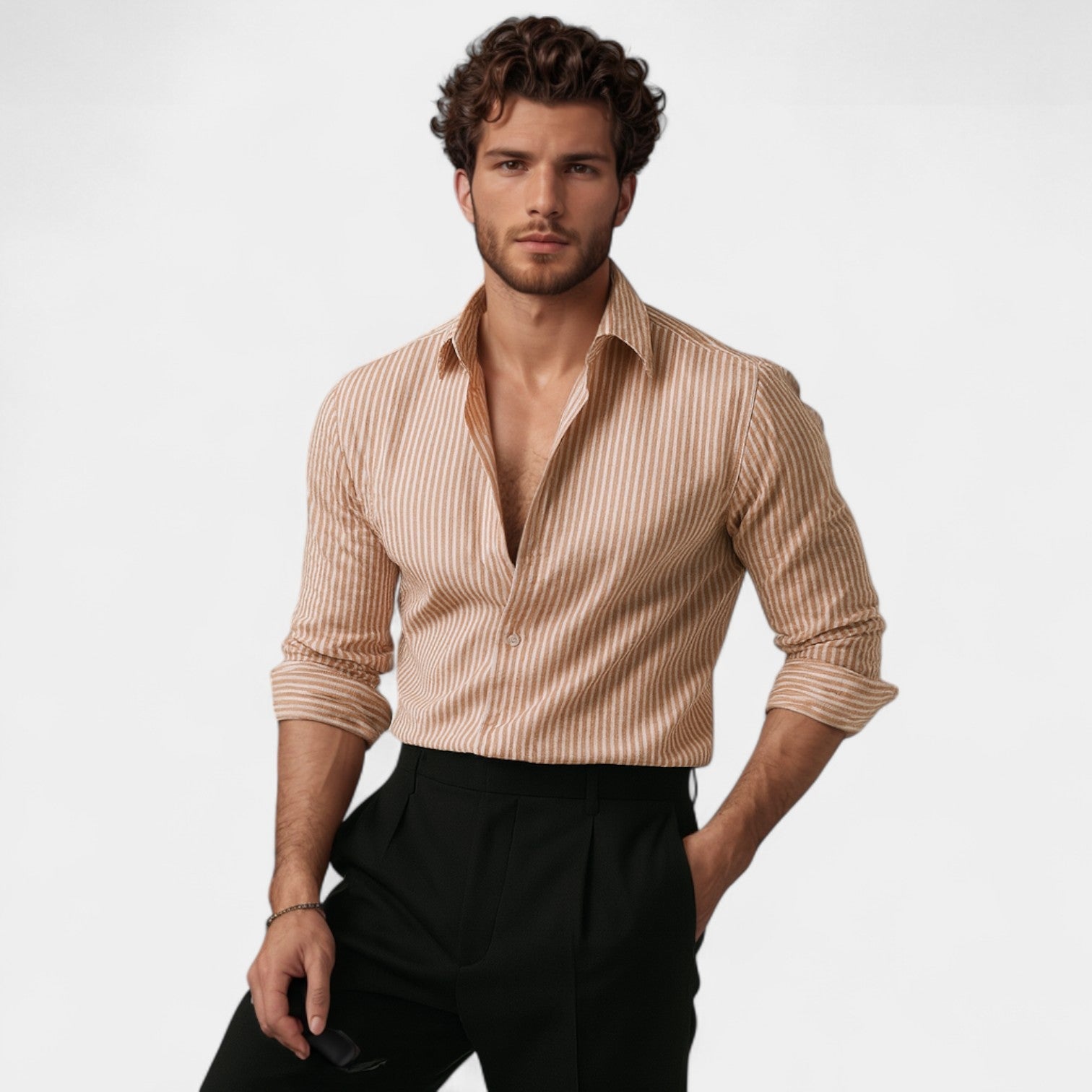 Men's striped button-up shirt with point collar and rolled sleeves