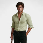 Men's striped button-up shirt with point collar and rolled sleeves