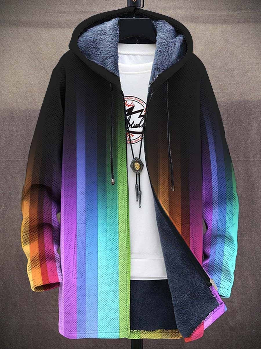 Multicoloured striped hooded cardigan with zip front and long sleeves