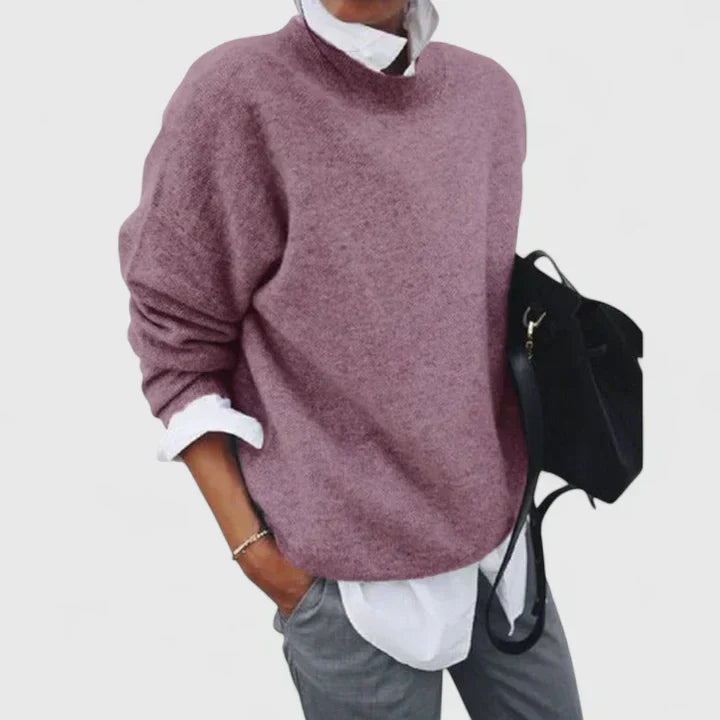 Women's relaxed crew neck sweater with long sleeves and ribbed trims