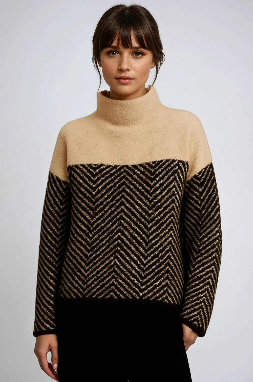 Women's chevron turtleneck sweater with contrasting patterned sleeves