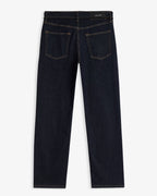 Men's dark rinse relaxed straight leg jeans with five-pocket design