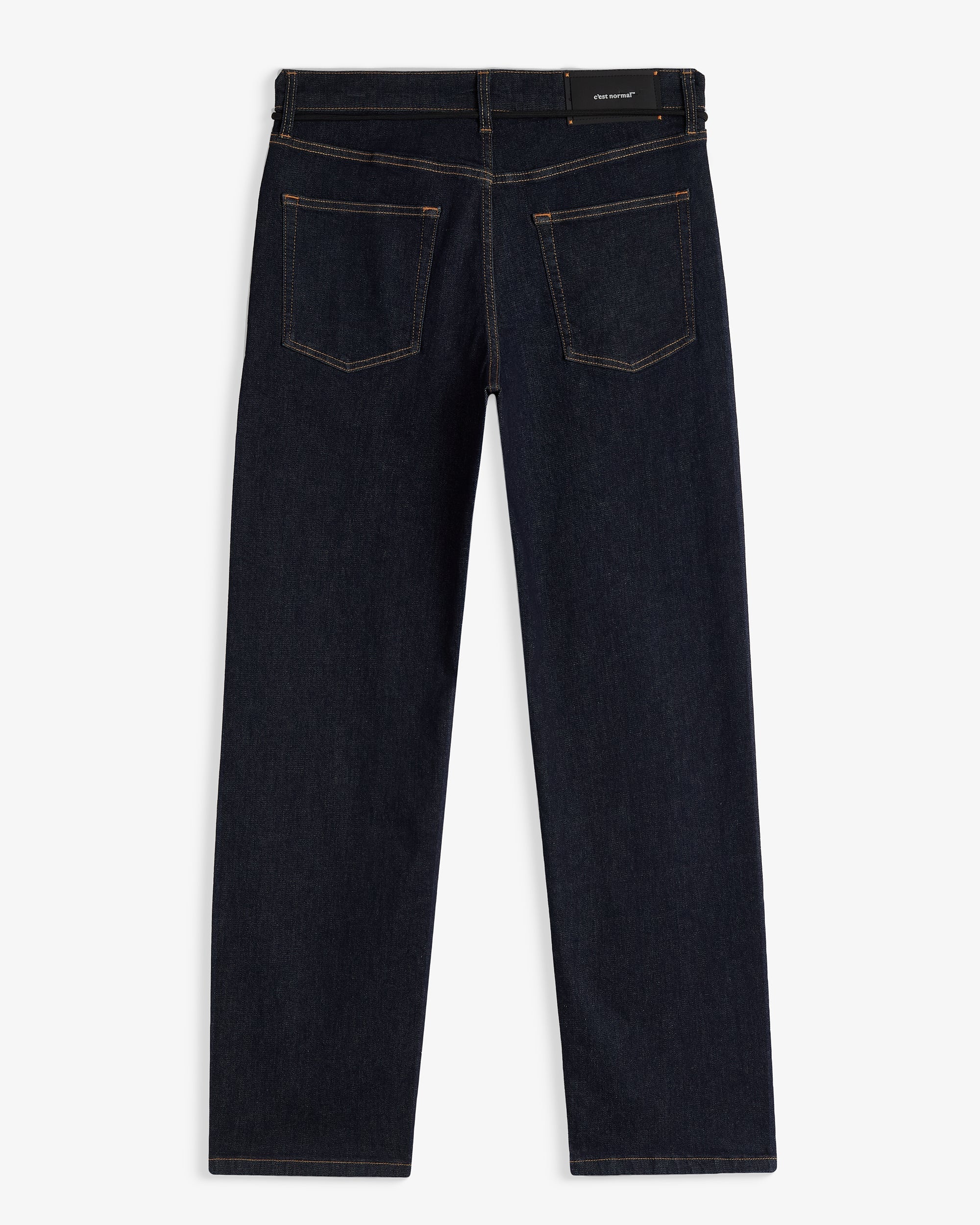 Men's dark rinse relaxed straight leg jeans with five-pocket design