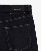 Men's dark rinse relaxed straight leg jeans with five-pocket design