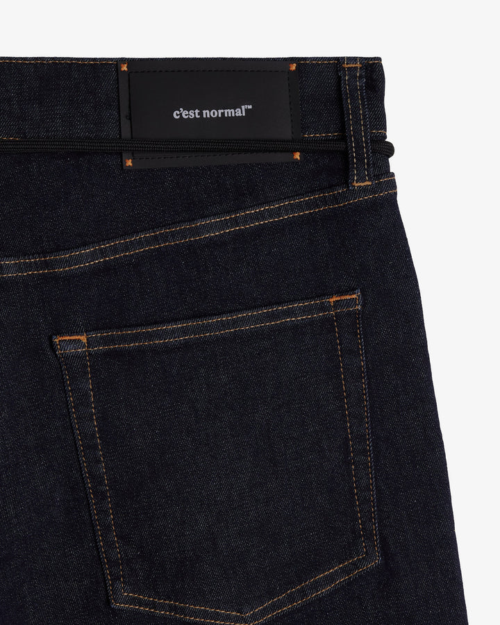 Men's dark rinse relaxed straight leg jeans with five-pocket design