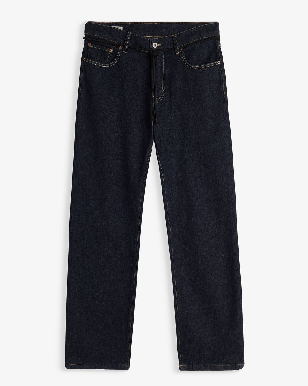 Men's dark rinse relaxed straight leg jeans with five-pocket design