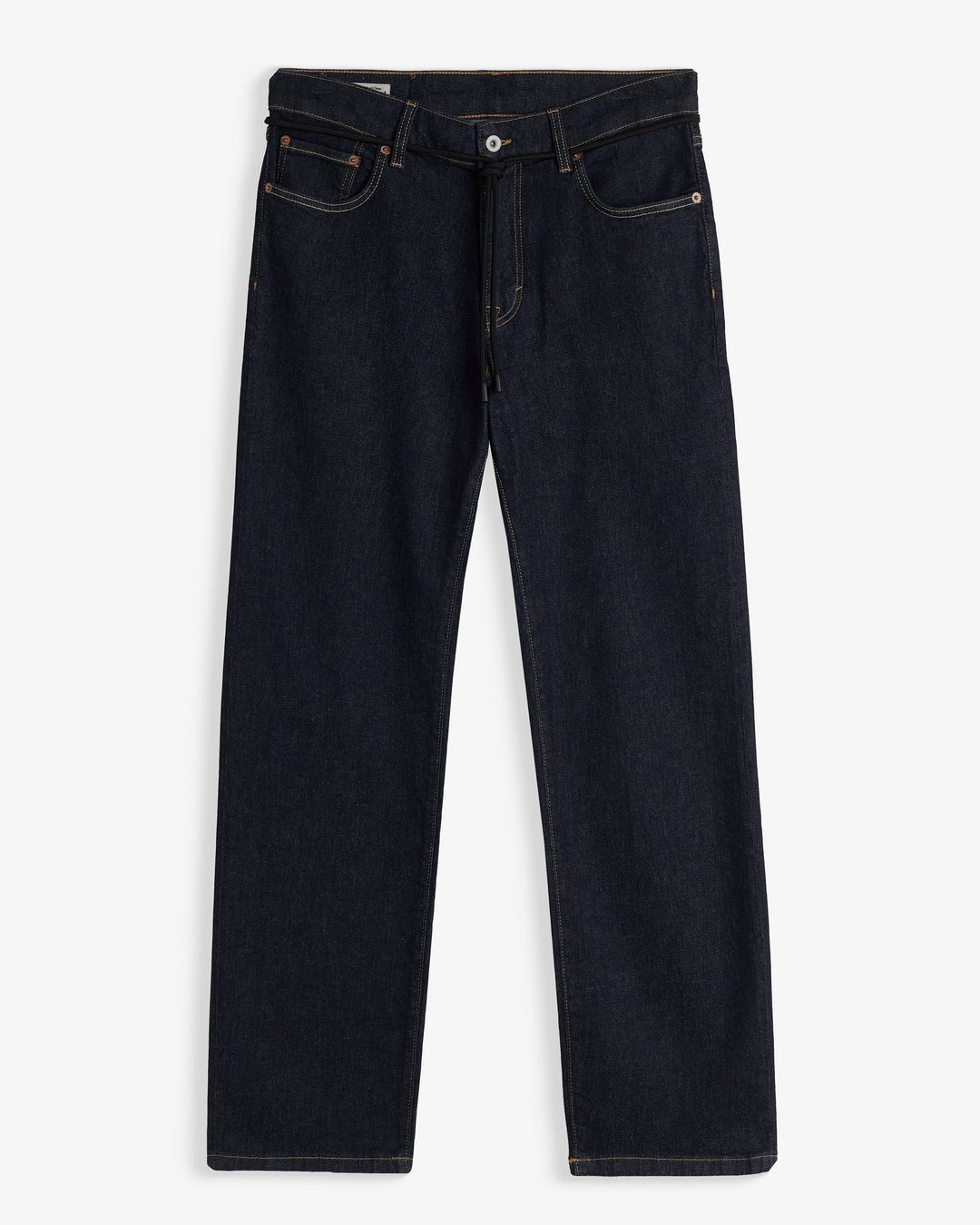 Men's dark rinse relaxed straight leg jeans with five-pocket design