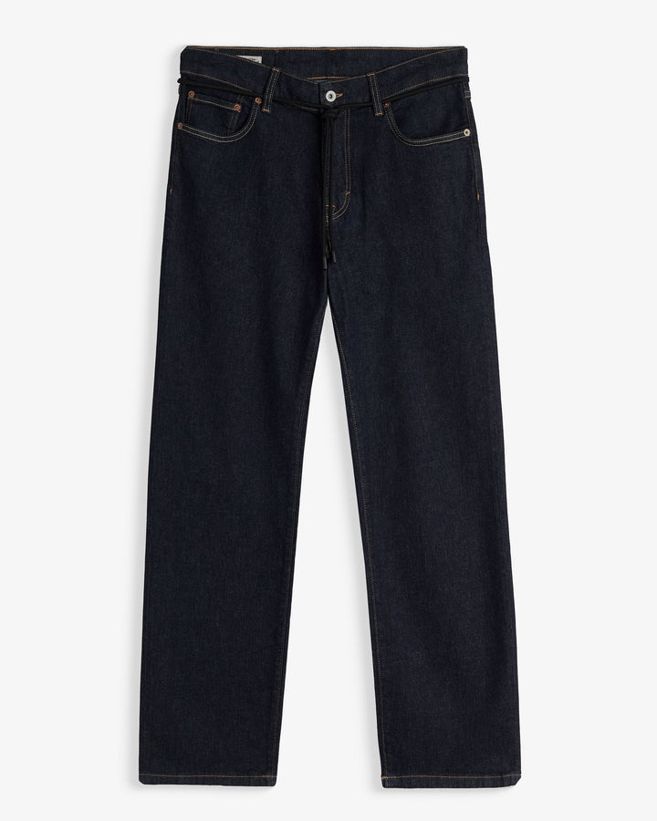 Men's dark rinse relaxed straight leg jeans with five-pocket design