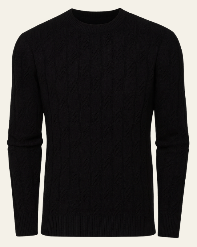 Men's black cable knit crew neck sweater