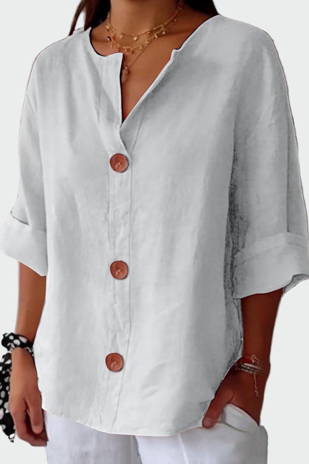 Women's button front blouse with V-neckline and short sleeves