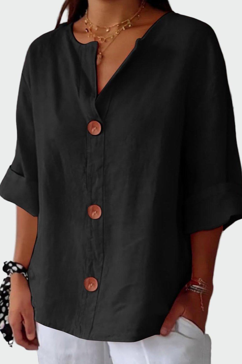 Women's button front blouse with V-neckline and short sleeves
