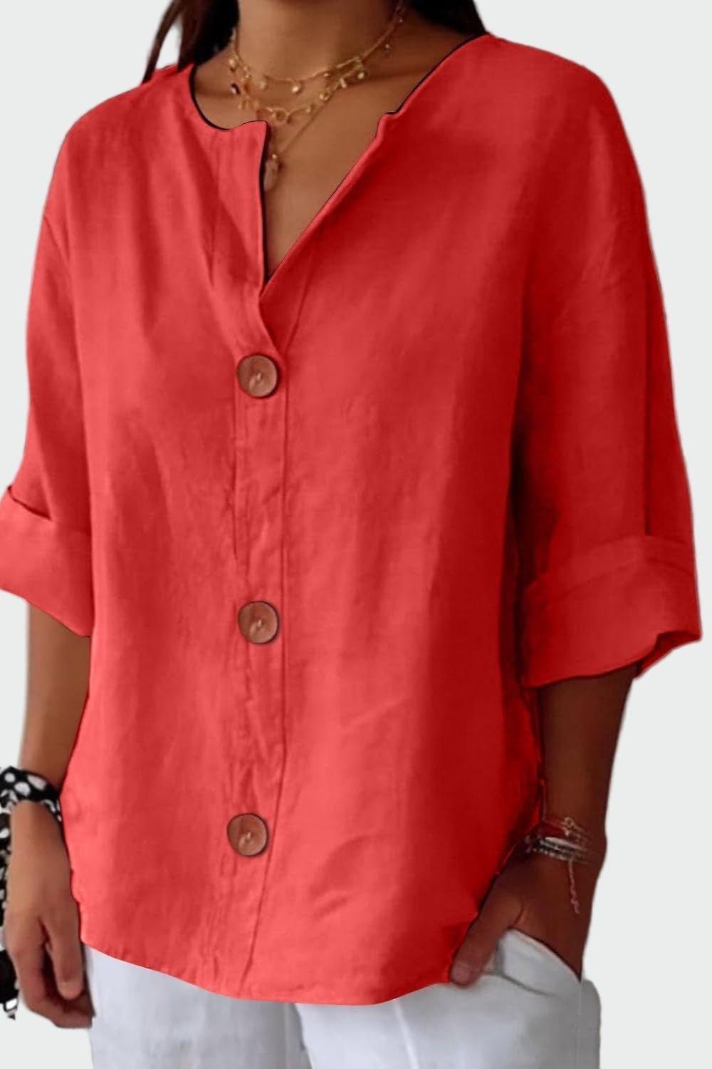 Women's button front blouse with V-neckline and short sleeves