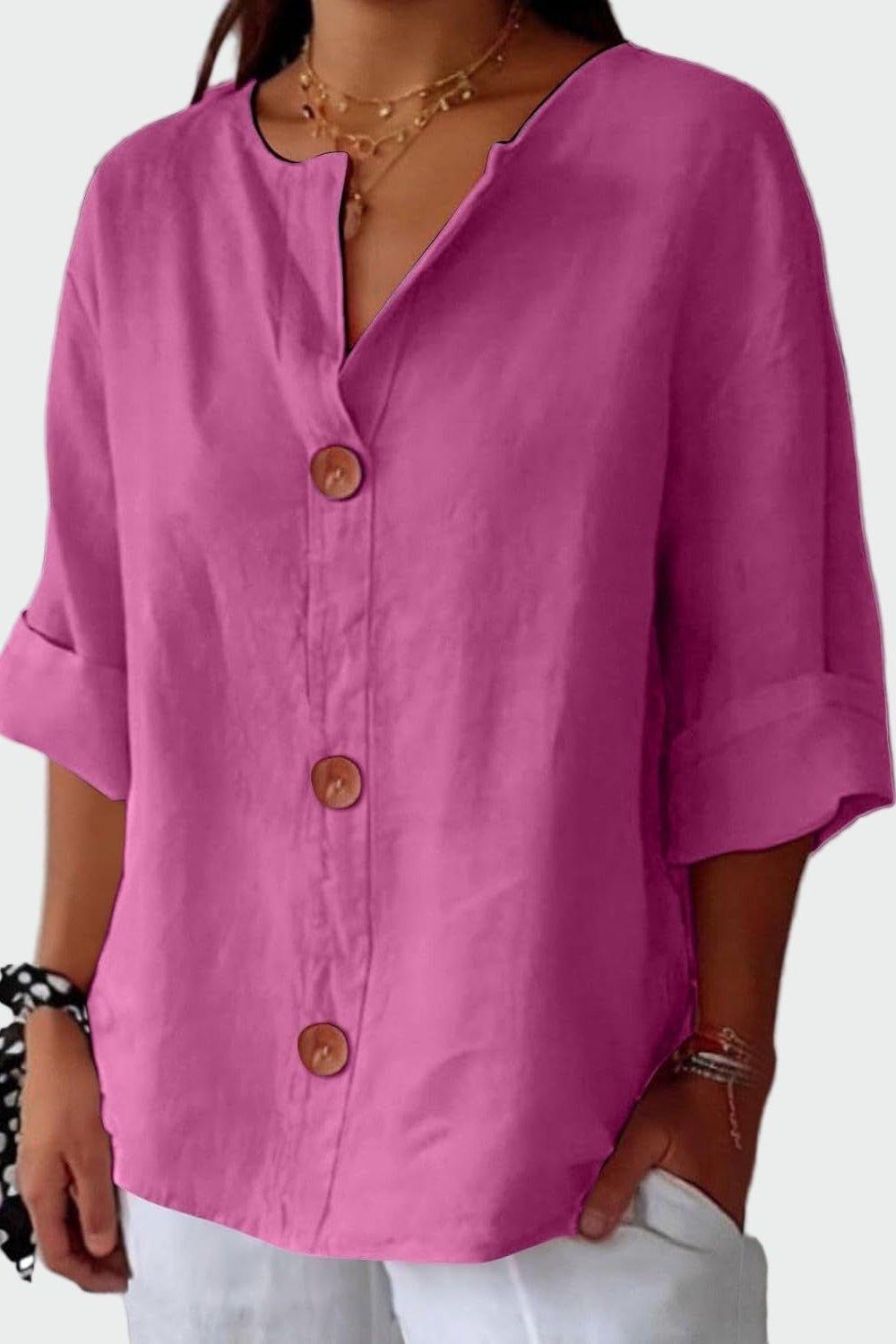 Women's button front blouse with V-neckline and short sleeves