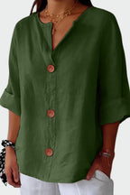 Women's button front blouse with V-neckline and short sleeves