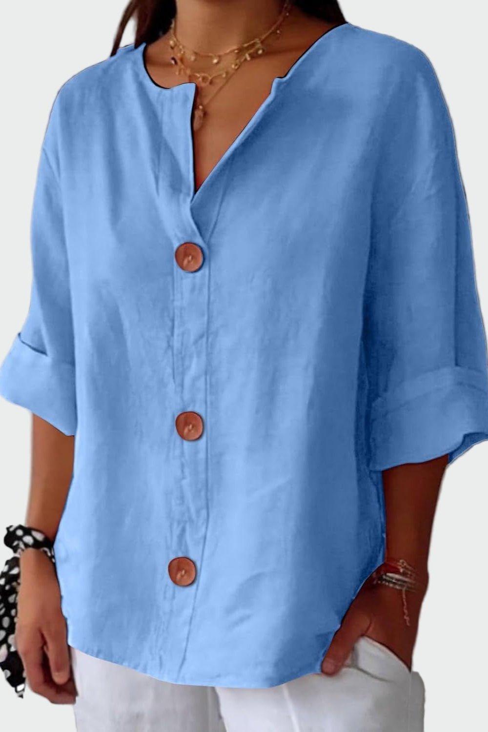 Women's button front blouse with V-neckline and short sleeves