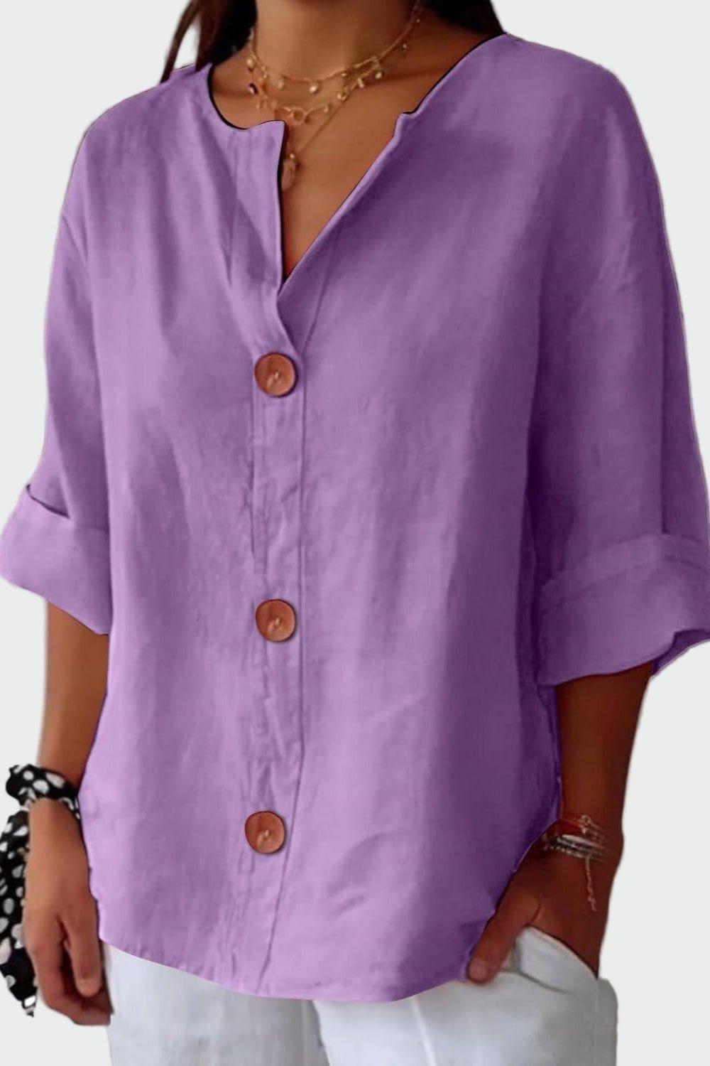 Women's button front blouse with V-neckline and short sleeves