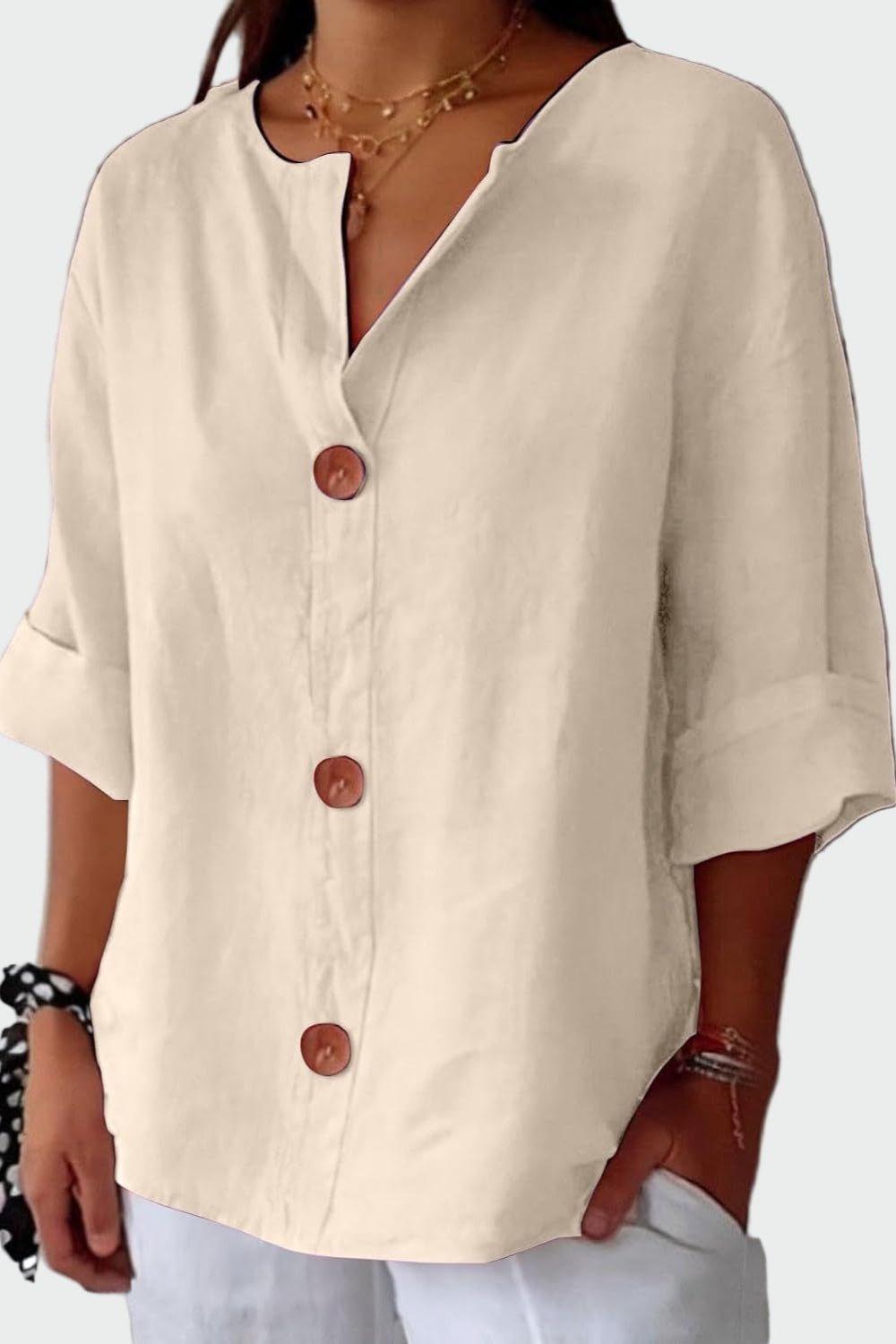 Women's button front blouse with V-neckline and short sleeves