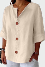 Women's button front blouse with V-neckline and short sleeves