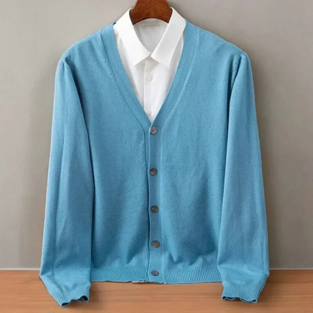 Men's V-neck knit cardigan with long sleeves and buttons