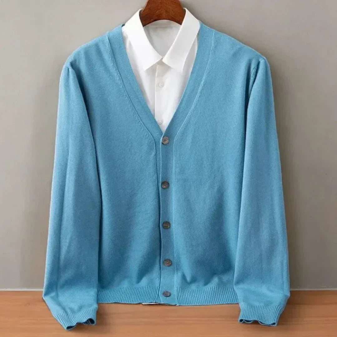 Men's V-neck knit cardigan with long sleeves and buttons