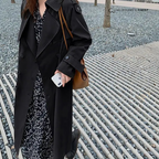 Women's long belted trench coat with wide collar and double-breasted front