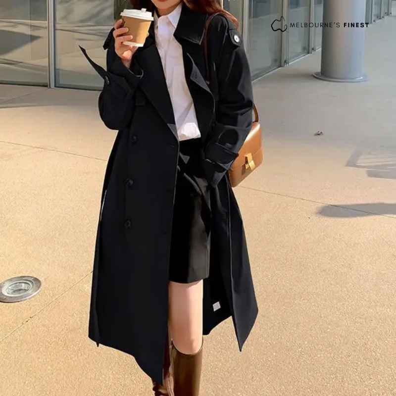 Women's long belted trench coat with wide collar and double-breasted front