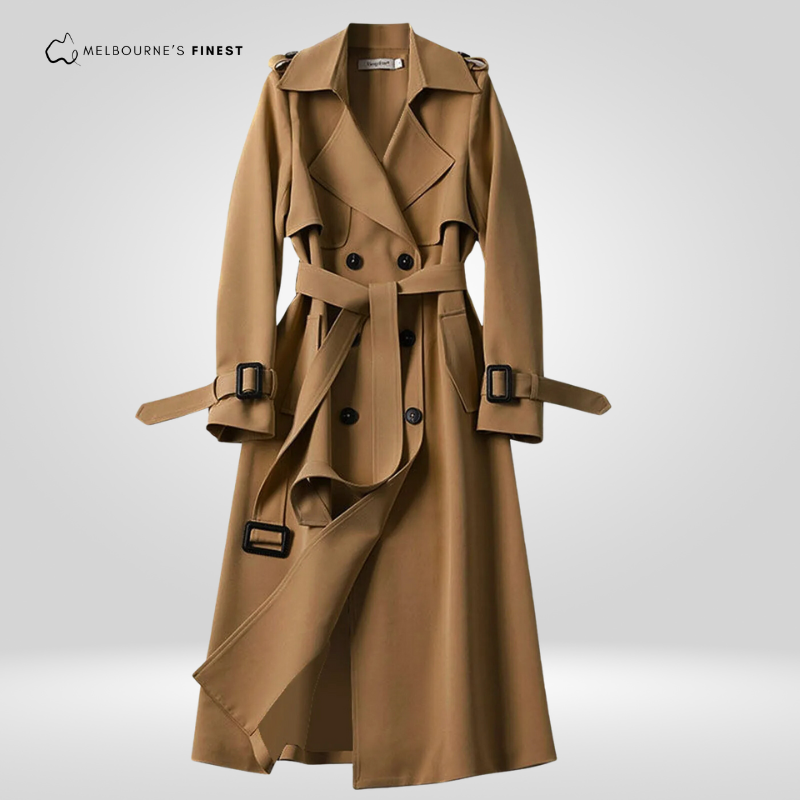 Women's long belted trench coat with wide collar and double-breasted front