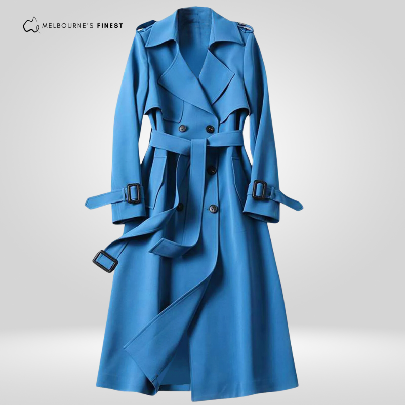 Women's long belted trench coat with wide collar and double-breasted front