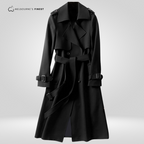 Women's long belted trench coat with wide collar and double-breasted front