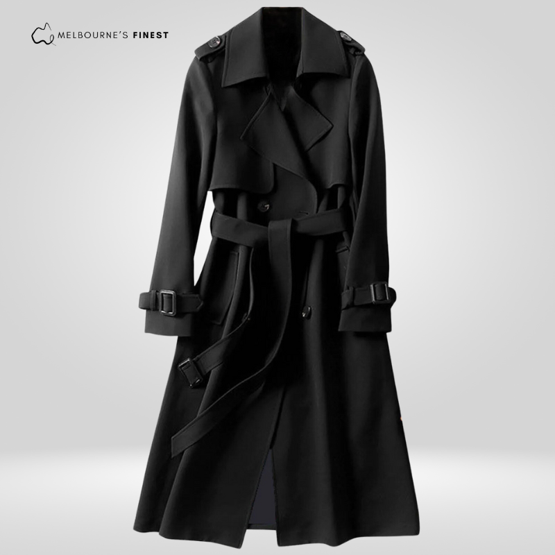 Women's long belted trench coat with wide collar and double-breasted front