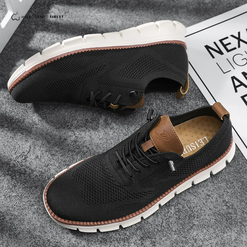 Men's knit sneakers with lace-up front and segmented white sole