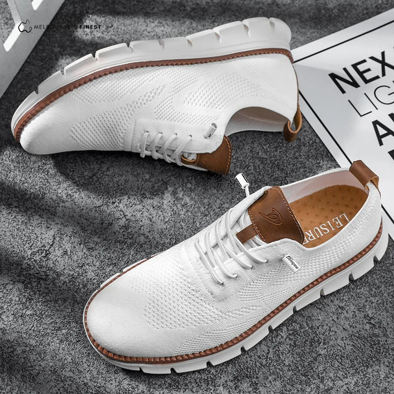 Men's knit sneakers with lace-up front and segmented white sole