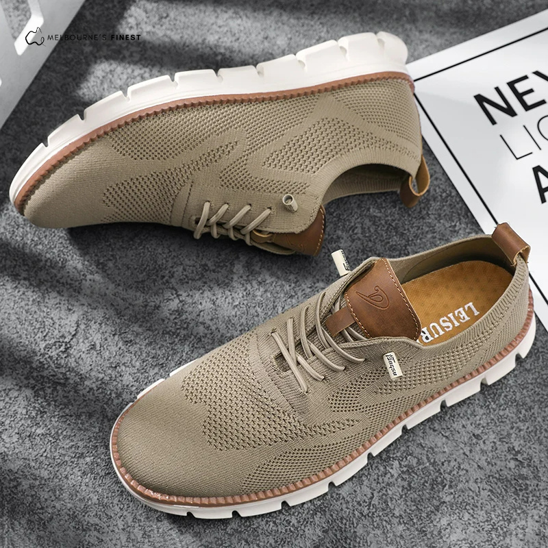Men's knit sneakers with lace-up front and segmented white sole