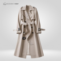 Women's long belted trench coat with wide collar and double-breasted front