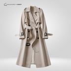 Women's long belted trench coat with wide collar and double-breasted front
