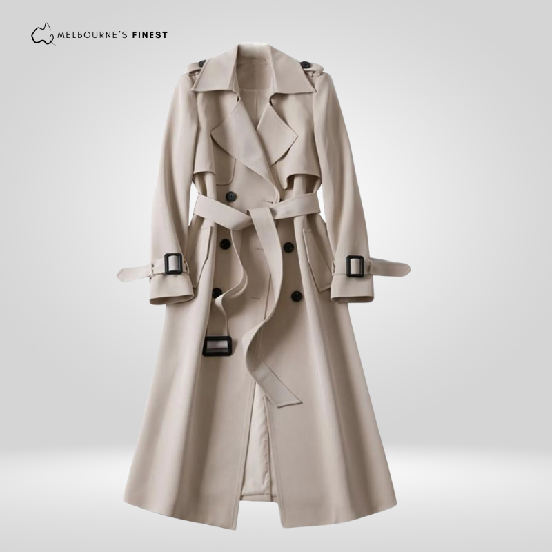 Women's long belted trench coat with wide collar and double-breasted front