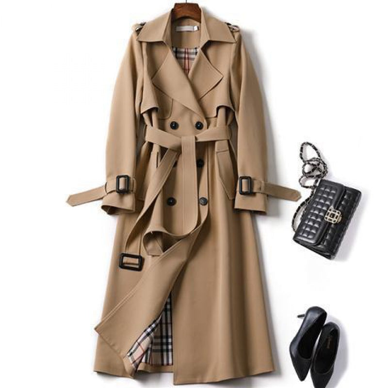 Women's long belted trench coat with double-breasted buttons, lapels and cuff straps