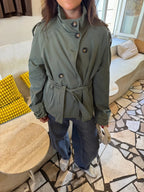 Women's belted trench jacket with high collar and button front