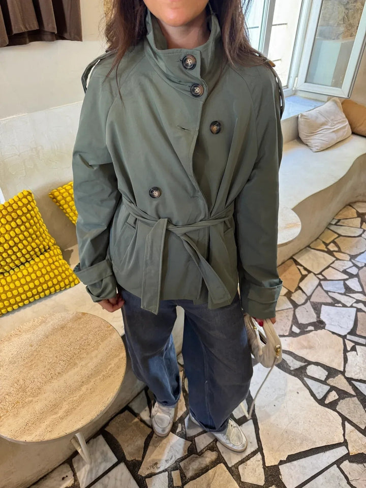 Women's belted trench jacket with high collar and button front