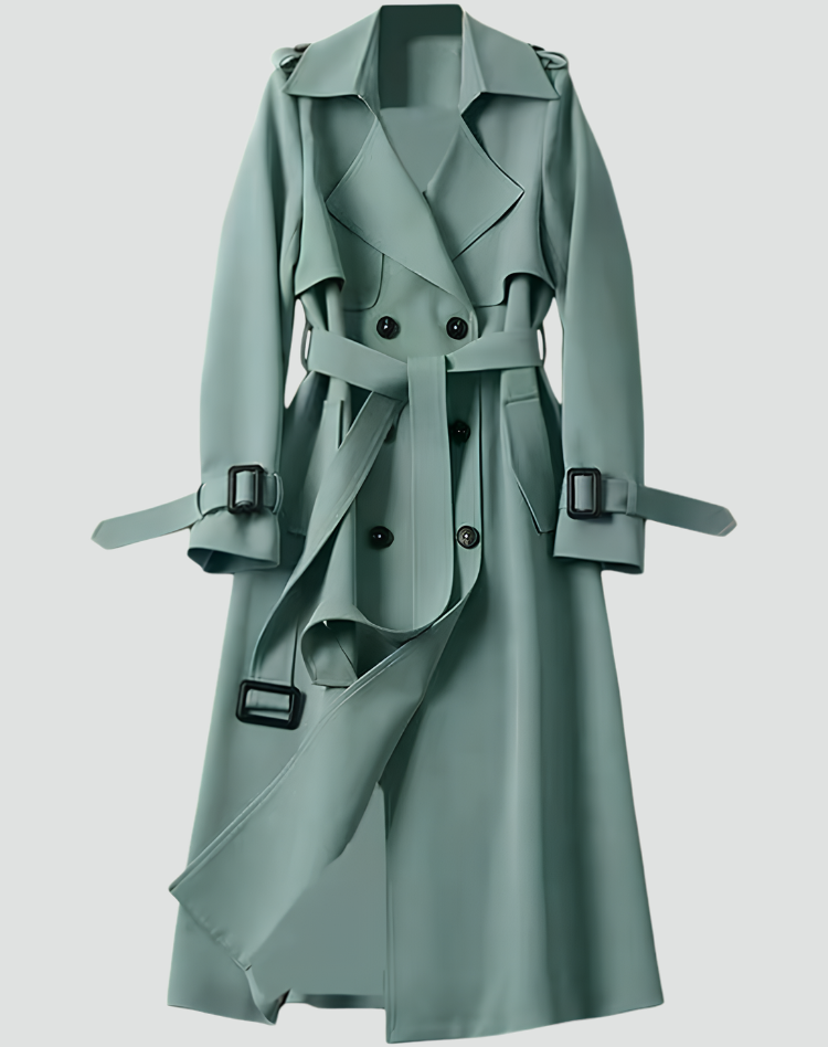 Women's long double-breasted trench coat with belt, lapel collar and cuff buckles