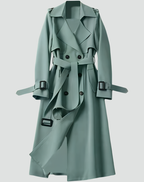 Women's long double-breasted trench coat with belt, lapel collar and cuff buckles
