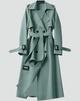 Women's long double-breasted trench coat with belt, lapel collar and cuff buckles