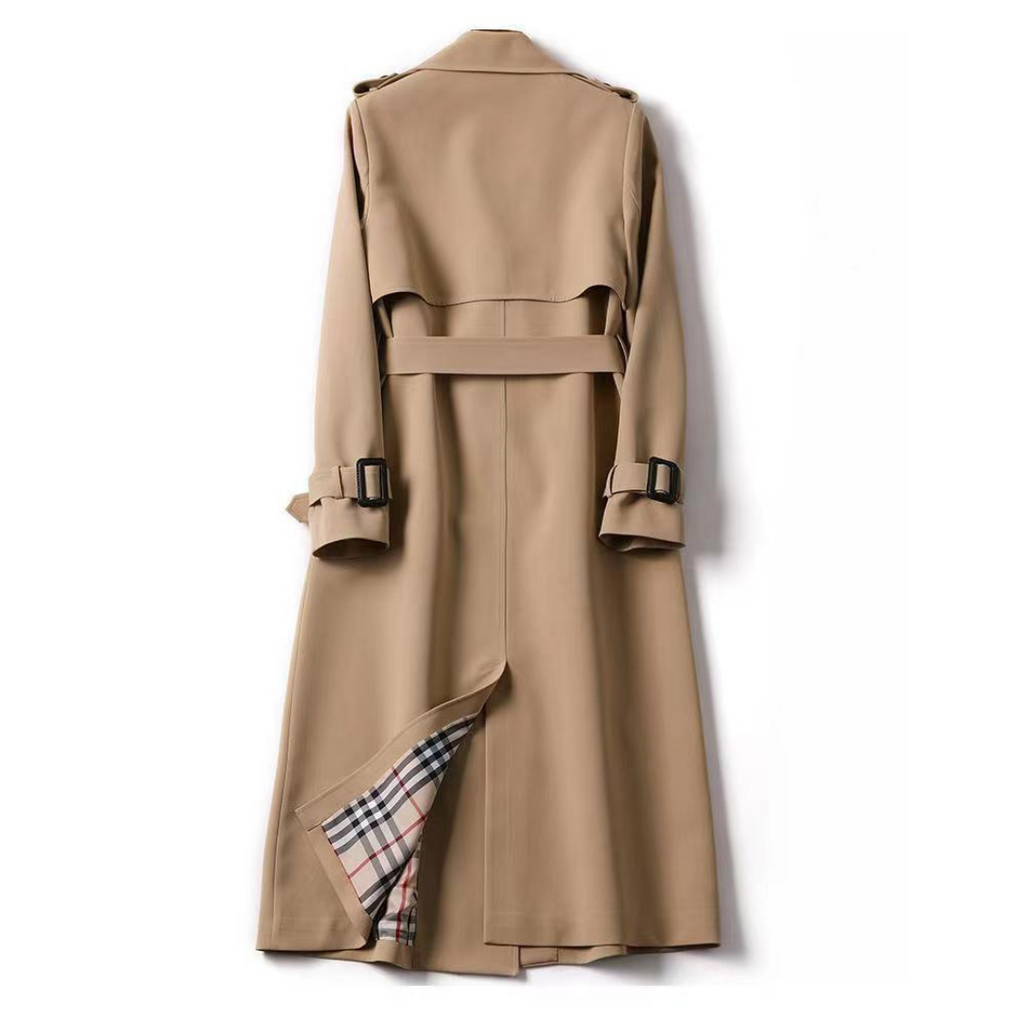 Women's belted double-breasted trench coat with checked lining