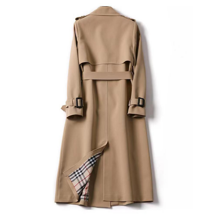 Women's belted double-breasted trench coat with checked lining