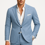 Men's tailored two-piece suit with notched-lapel blazer and matching trousers